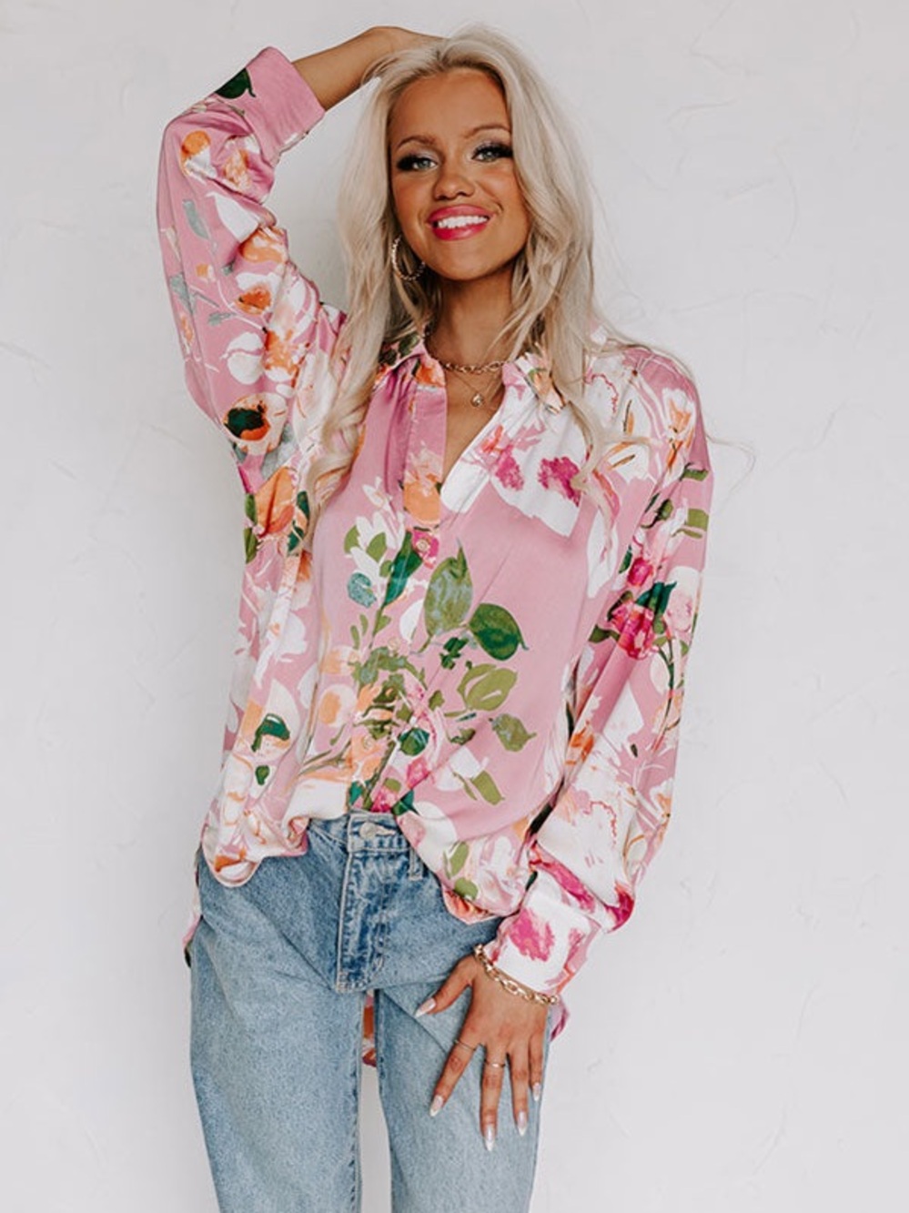 Entro Floral Pink Lightweight Silky Blouse in Pink Large
